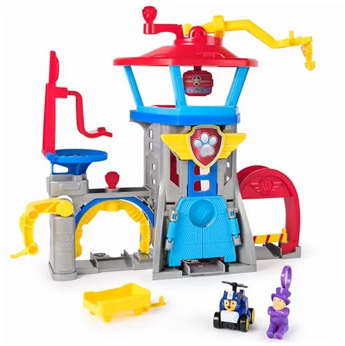 PAW Patrol Air Rescue Flughafen Tower mit Chase-Pup Squad Racer - Spielfiguren-Set mit über 30 cm großem Flughafen Tower, Fahrzeugstarter und coolen Funktionen wie Autowaschanlage und Tankstelle. Enthält Chase-Racer und Bürgermeister Besserwisser für spannende Rettungsaktionen!