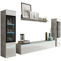 P & B Wohnwand Vera - 4-teilig in Grau und Weiß Hochglanz - Moderne Wohnwand in Betonoptik mit kaltweißer LED-Beleuchtung, vielseitig arrangierbar und ideal für stilvolle Wohnzimmergestaltung. Perfekt für die Präsentation Ihrer Lieblingsaccessoires!