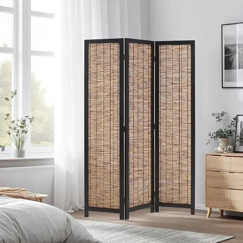Homestyle4u Paravent aus Weide und Holz - Dekorativer Raumteiler aus handgeflochtener Weide und massivem Paulownia-Holz, ideal für Boho- und skandinavische Wohnstile. Flexibel einsetzbar mit 3 klappbaren Elementen und beidseitig attraktiv.
