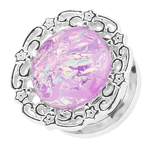 Piercingfaktor Flesh Tunnel Ohr Plug Piercing Ohrpiercing Vintage Tribal Ethno Boho Edelstahl Blume mit Opal Perle Stein Silber Lila 12mm