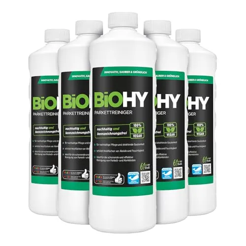 BiOHY Parkettreiniger (6 x 1 Liter) | Konzentrat für versiegeltes & geöltes Parkett | materialschonend & schmutzlösend | für eine streifenfreie Reinigung | 2 in 1 Pflege & Reinigungsmittel