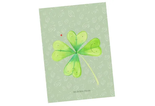 Mr. & Mrs. Panda Postkarte Blume Kleeblatt - Blattgrün - Geschenk, Einladung Geburtstag, Dankesk, Glücksmomente teilen
