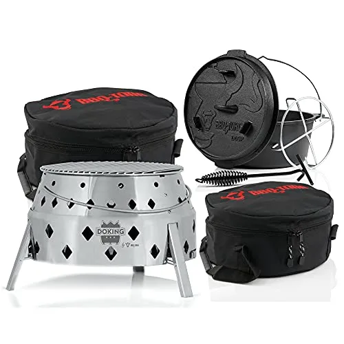 BBQ-Toro DOKING 6-teiliges Dutch Oven Set - Dutch Oven Set mit 3-in-1 Faltgrill, ideal für vielseitige Zubereitung von Speisen und einfachem Transport dank Tragetasche.