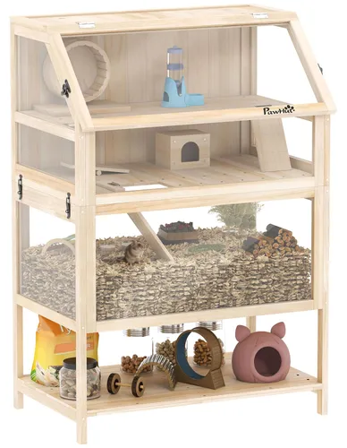 PawHut Hamsterkäfig aus Holz mit 3 Etagen 80 x 53 x 117 cm - Kleintierkäfig mit durchdachtem Design: Drei Etagen und Holzrampen fördern das natürliche Klettern. Inklusive Wippe, Laufrad und Hütte für aktiven Spielspaß. Große Fronttür für einfachen Zugriff und Reinigung.