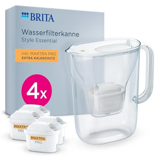 BRITA Wasserfilter Kanne Style Essential weiß mit 4x MAXTRA PRO - Stilvolle Wasserfilter-Kanne für den Kühlschrank, spülmaschinengeeignet und filtert bis zu 150 L frisches Wasser pro Kartusche – ideal für jeden Haushalt.