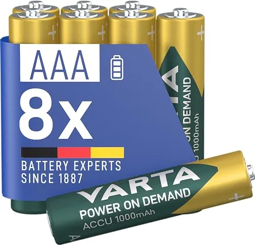 VARTA AAA Akkus, 8 Stück, 1000 mAh, wiederaufladbar, Power on Demand - Wiederaufladbare Ni-Mh AAA Akkus mit Ready To Use Technologie, sofort einsatzbereit und ideal für alltägliche Geräte wie Taschenlampen und schnurlose Mäuse.