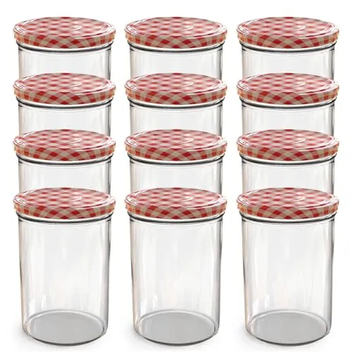 Oputec 12 x 440 ml Einmachgläser mit TO 82 Schraubdeckel rot kariert – Perfekt für Marmeladen, Konfitüren und mehr, große Gläser mit Deckel, ideal als Marmeladengläser und Schraubgläser