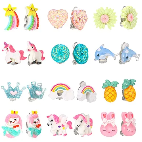 Paar harz, Ohrclips für Mädchen, Mädchen Clip On Ohrringe Prinzessinnen Spiel Ohrringe Klipp Ohrring Set für Mädchen Kinder 12