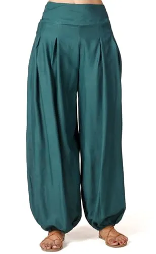 GURU SHOP Boho Pluderhose, Muckhose, Haremshose - Tannengrün, Damen, Size:S/M - Bequeme Schlupfhose mit elastischem Bund, ideal für vielseitige Outfits. Perfekt kombinierbar mit Tops und Tuniken für einen lässigen Boho-Look.