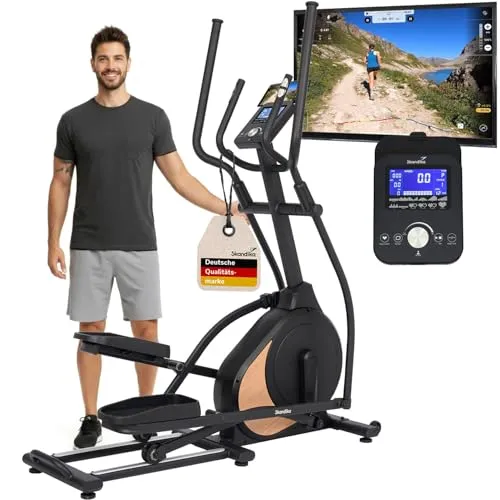 Skandika Crosstrainer Carbon P18 | Vielseitiger Ellipsentrainer für Zuhause - Erleben Sie effektives Ganzkörpertraining mit 32 Widerstandsstufen und 13 Programmen. Der LCD-Bildschirm zeigt alle Trainingsdaten an. Kompakt und belastbar bis 135 kg, ideal für intensives Ausdauertraining.