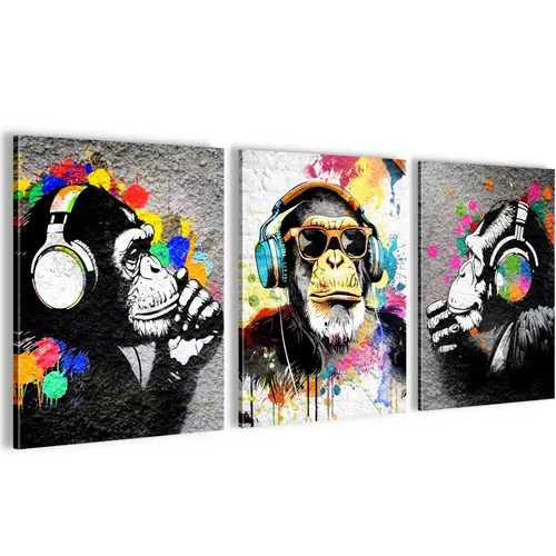 Novart Bild Wandbilder Set - Banksy Style Collage mit Affe - Kunstdrucke im Pop Art Graffiti Stil, ideal für Wohnzimmer. Set aus 3 Bildern (30x40) ohne Rahmen, einfach mit Zackenaufhängung montierbar.