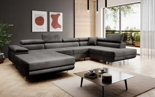 Luxusbetten24 Designer Sofa Lago mit Stauraum und Schlaffunktion | Bezug: Samt | Farbe: Anthrazit | Stellvariante: Rechts
