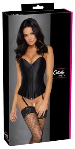 Elegante Corsage M Schwarz aus Mattsatin - Erotische Korsage & Bustiers, abnehmbare Träger und Strapse, verführerischer Reißverschluss vorne und Rückenschnürung für perfekten Sitz.