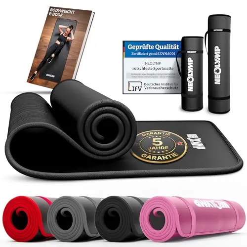 NEOLYMP Fitnessmatte mit Tragegurt und Trainingsbuch - Sportmatte aus NBR, leicht zu reinigen und ideal für alle Fitnesslevel. Inklusive Tragegurt und E-Book mit Übungseinheiten für effektives Training zu Hause.