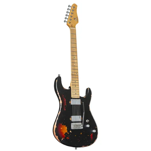 Fame Custom ST MN Worn Licorice over Sunburst E-Gitarre - Moderne ST-Style E-Gitarre mit Mahagoni-Korpus und Quarter Sawn Maple Hals. Ideal für Rock und Metal mit Humbuckern und Coil-Split-Funktion für vielseitige Klangoptionen.
