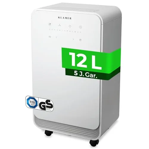KLAMER Luftentfeuchter Elektrisch 12L - Luftentfeuchter für Räume bis 100m³, mit praktischen Timer von 1-24h, Nachtmodus und präziser Feuchtigkeitskontrolle in 5%-Schritten. Ideal für ein angenehmes Raumklima.