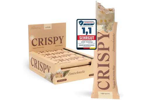 VETAIN Vegan Proteinriegel - Crispy Zimtschnecke - 12g Protein pro Riegel - Genießen Sie den Crispy Zimtschnecke Riegel mit 12g pflanzlichem Protein pro 55g. Ideal für unterwegs oder nach dem Training, mit natürlichen Zutaten und ohne Zuckerzusatz.