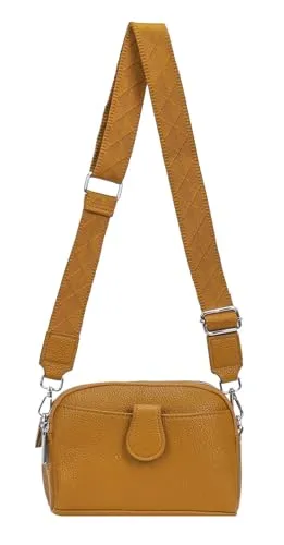 Damen Crossbody Umhängetasche Metallic Handytasche aus Kunstleder in Gelb - Vielseitige Umhängetasche im modernen Design, ideal für Stadtbummel und Reisen. Praktische Fächer bieten Platz für Essentials und setzen modische Akzente.