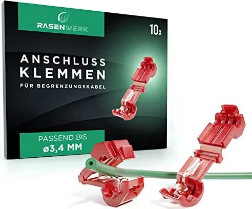 RASENWERK® - Anschlussklemmen für Mähroboter Begrenzungskabel Ladestation - T-Abzweigverbinder Abzweigklemmen Stromdieb - Kompatibel für Gardena, Husqvarna, Worx, Bosch - rot - 10 Stück