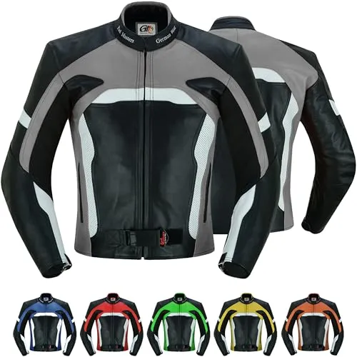 German Wear Motorradjacke GW409J aus Büffelleder in Grau 58/3XL - Hochwertige Motorradjacke aus 100% Rindsleder in Größe 58/3XL, ausgestattet mit Ellenbogen-, Schulter- und Rückenprotektoren für optimalen Schutz und Komfort.