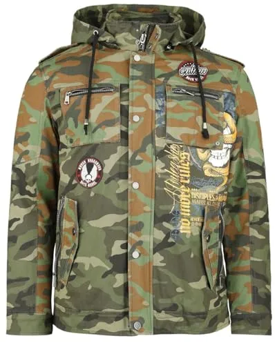 Rock Rebel by EMP Herren Camouflage Übergangsjacke mit Print und Patches - Stylische Camouflage Übergangsjacke von Rock Rebel by EMP. Mit abnehmbarer Kapuze, Doppelsicherung und praktischen Reißverschlusstaschen. Ideal für einen rockigen Look!