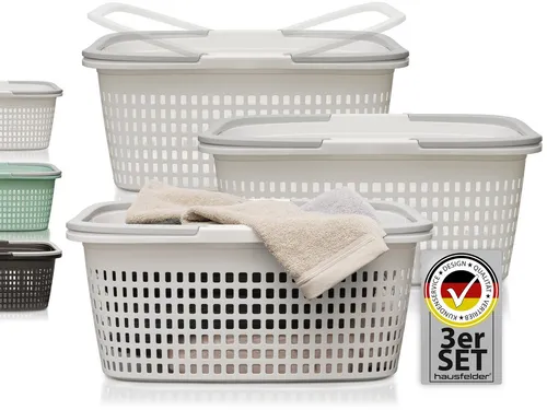Wäschekörbe 3er Set Weiß - Praktische 35 l Körbe - Ideal zum Sortieren und Transportieren von Wäsche. Mit klappbaren Henkel und stabiler, wetterfester Konstruktion aus BPA-freiem Kunststoff. Platzsparend stapelbar und leicht zu reinigen.