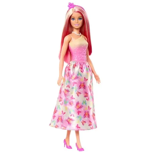 Barbie Royal-Puppe - Fantasievoll mit zweifarbigem Haar in Pink und Blond, detailreiches Oberteil und Schmetterlingsrock, ideales Geschenk für kleine Entdeckerinnen