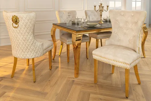 Riess-Ambiente Esszimmerstuhl CASTLE DELUXE beige aus Samt mit goldenen Beinen - Eleganter Esszimmerstuhl im Chesterfield-Design mit Ziersteppung und Ziernieten. Ideal für stilvolle Innenräume und perfekt kombinierbar mit MODERN BAROCK Esstischen.