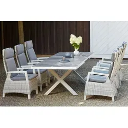 Siena Garden Garten-Essgruppe Corido/Sincro - Moderne Esstischgarnitur in ice grey/weiß grau, aus robustem Alu und Gardino®-Geflecht. Ausziehbarer Tisch (200/260x100 cm) und 6 verstellbare Dining Move Sessel für höchsten Sitzkomfort und gesellige Stunden im Garten.