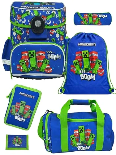 Minecraft Schulranzen Set 6-teilig - Ergonomisch, Leicht, Blau für Jungen - Das Minecraft Schulranzen Set begeistert mit 18 L Volumen, ideal für Jungen von 1. bis 4. Klasse. Mit Sporttasche und praktischem Zubehör ist es der perfekte Begleiter für den Schulalltag.