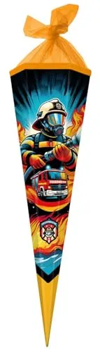 goldbuch 98 160 Schultüte 85 cm Feuerwache, Zuckertüte 6-eckig, Geschenktüte mit Feuerwehr-Motiv, Geschenkverpackung aus Lackkarton, Einschulungstüte mit gelbem Netzverschluss, ca. 85 x 24 x 20 cm