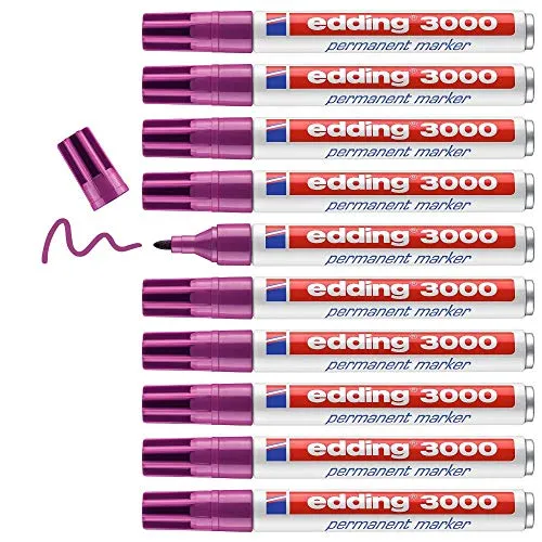 edding 3000 Permanentmarker - rotviolett (lila) - 10 Stifte - Schnelltrocknend und Wischfest - Vielseitiger Permanentmarker für Karton, Holz, Metall und mehr. Ideal zum Markieren und Schreiben. Die 10 Stifte in rotviolett zeichnen sich durch eine robuste Spitze und schnelltrocknende Tinte aus, perfekt für kreative Projekte und Organisation.