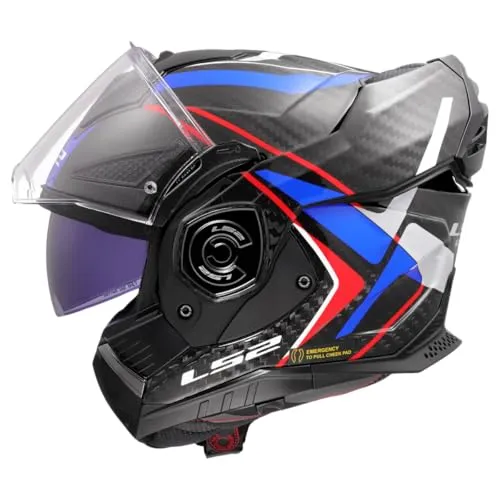 LS2 FF901 Advant X Carbon Future II Klapphelm - Weiß-Rot-Blau, Größe XS für Männer - Motorradhelm mit herausnehmbarem, waschbarem Innenfutter und Sonnenvisier, ideal für perfekten Komfort und Sicherheit auf der Straße.
