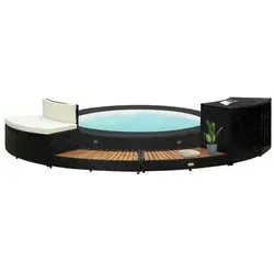 vidaXL Whirlpool-Umrandung Schwarz aus Poly Rattan & Akazie - Elegante Whirlpool-Einfassung aus wetterfestem Poly Rattan und Akazienholz mit Stauraum und integriertem Minisofa für höchsten Komfort und Entspannung im Außenbereich.