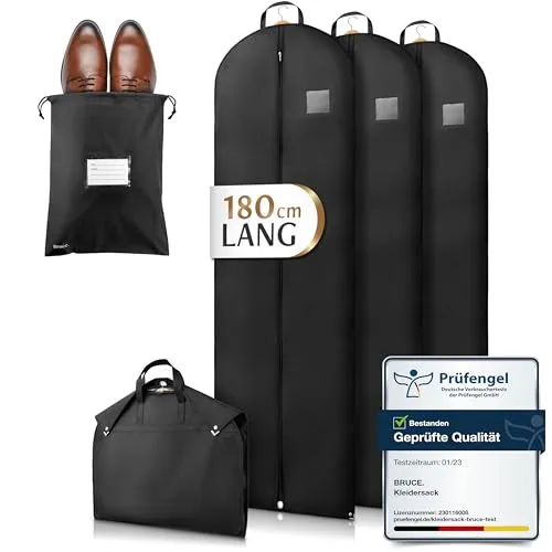Bruce.® 3x Kleidersack Lang 180x60 cm – Extra langer Kleidersack für Brautkleid & Abendrobe - Kleidersäcke mit 120 GSM Materialstärke, atmungsaktiv und mottensicher für optimalen Schutz Ihrer wertvollen Kleidungsstücke bei Lagerung und Transport.