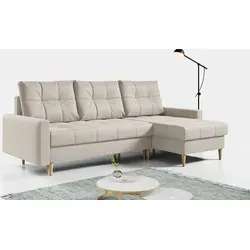 Ecksofa ASTRA L mit Schlaffunktion - Beige - Skandinavisches Ecksofa mit Bettkästen, wandelbar in ein komfortables Schlafsofa. Ideal für kleine Räume, bietet Stauraum und modernes Design.