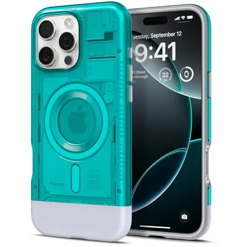 Spigen Classic C1 MagFit Hülle für iPhone 16 Pro - Bondi Blue, durchscheinendes Design mit Air Cushion Technologie und MagSafe Kompatibilität