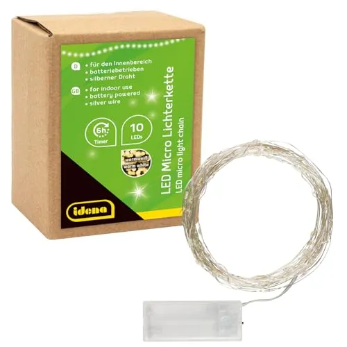 Idena 10er Micro LED Lichterkette weiß 1,20 m - Stimmungsvolle Micro LED Lichterkette in Weiß, 1,20 m lang. Ideal zur Dekoration von Möbeln, Pflanzen oder Wänden. Timer-Funktion und batteriebetrieben für flexiblen Einsatz im Innenbereich.