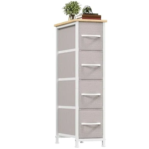 Somdot Kommode mit Schubladen, Kommode Schmal Schlafzimmer Wohnzimmer Flur, Komodenschrank Schubladenschrank Aufbewahrungsschrank Stoffkommode, 4 Stoffschubladen, Ashgrau, 48T x 20B x 75H cm