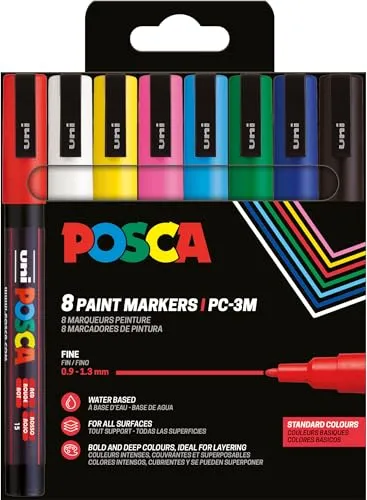 POSCA Pigmentmarker PC-3M 8er Box - Vielseitige Farbpalette - Schreibutensilien mit runder Spitze, ideal für kreative Projekte und Kunstwerke. Die 8er Box bietet eine breite Farbpalette für grenzenlosen Farbausdruck.