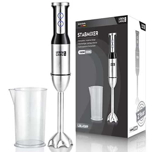 LEBENLANG 1000W Stabmixer Edelstahl - Kraftvoller Küchenhelfer mit Spritzschutz - Stabmixer mit 1000 Watt, 8 Geschwindigkeitsstufen und Turbo-Modus für perfekte Pürierergebnisse. Ideal für Suppen, Saucen und Smoothies. Spülmaschinenfest und einfach zu reinigen.
