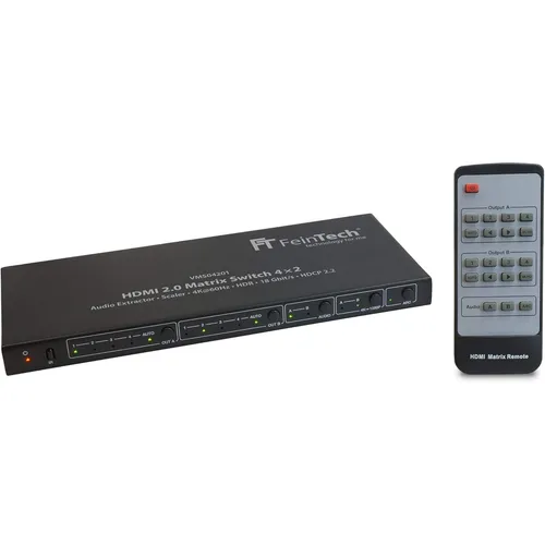 FeinTech VMS04201 HDMI Matrix Switch 4x2 - Video Umschaltpulte, True-Matrix-Switch für flexible HDMI-Zuweisung mit Audio Extractor und Scaler für Ultra-HD 4K Inhalte, ideal für Heimkino und Gaming.