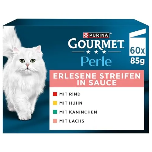 Gourmet Perle Erlesene Streifen Katzenfutter nass, Sorten-Mix 60er Pack - Beutelfutter für Katzen: Hochwertiges Nassfutter in Sauce mit Huhn, Rind, Lachs und Kaninchen, ohne künstliche Zusatzstoffe. Ideal für ausgewachsene Katzen und nachhaltig verpackt.