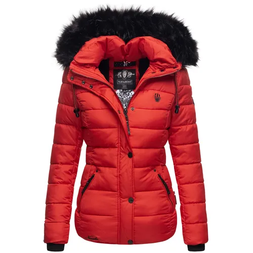Navahoo Damen Winterjacke Zuckerbiene Rot, Gr. 36 - S - Modische Steppjacke mit abnehmbarer Kapuze und Kunstpelz, 100% vegan und wasserabweisend. Ideal für kalte Temperaturen und Outdoor-Aktivitäten!