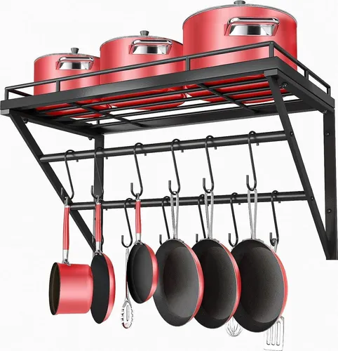 OROPY Topf-Rack, Wandmontage Küchenregal mit 12 Haken - Praktisches 3-Schicht Küchenregal aus robustem Eisen mit 12 verstellbaren Haken. Ideal zur Aufbewahrung von Töpfen und Pfannen, bis 50 kg belastbar. Multifunktional einsetzbar für verschiedene Räume, sorgt für Ordnung und Stil.