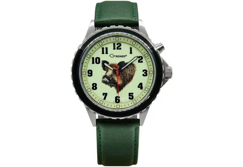 Greiner Chronograph Armbanduhr Ansitz grün - Elegante Armbanduhr mit grünem Lederarmband und stylischem 'Keiler'-Motiv. Ideal für einen modischen Auftritt – perfekt für den Alltag und besondere Anlässe.