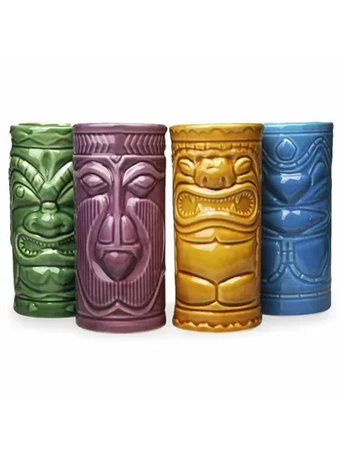 Mikamax Tiki Mugs - 4-teiliges Tassenset - Gadget, 4 Tiki Mugs mit 6.5 cm Durchmesser und 14.5 cm Höhe, ideal für tropische Cocktails und Partys.