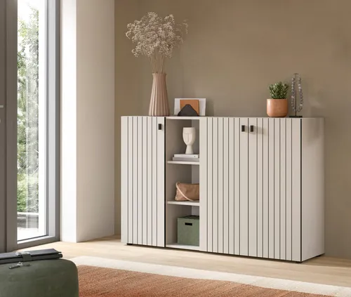 Home affaire Schuhschrank TATIO, Breite 150 cm, Rillenoptik, offene Fächer, 3 Türen (1-St) Garderobenschrank, Flurkommode, Kommode, Schuhschrank