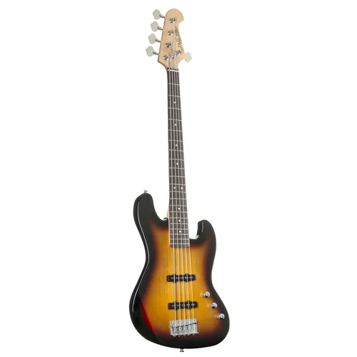 J & D JB/5 5-Saiter E-Bass Sunburst - 5-Saiter E-Bass im Offset-Design mit komfortablem D-Halsprofil. Ideal für Einsteiger und Profis, bietet er vielseitige Klänge und hervorragende Spielbarkeit.