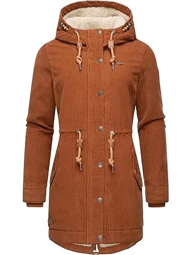 Ragwear Damen Winterjacke Canny Corduroy Brown Gr. 4XL - Stylischer Kordmantel mit Kapuze, weichem Teddyfleece-Innenfutter und praktischen Tunnelzugkordeln. Ideal für kalte Tage und vielseitig einsetzbar!